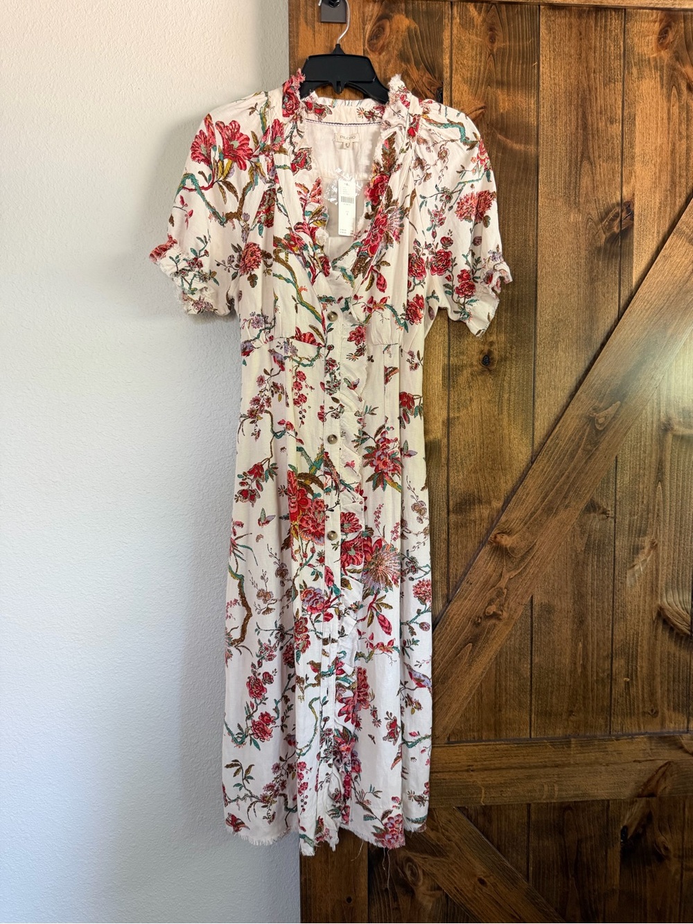 Pilcro Cream Maxi Dress with Red Floral Print